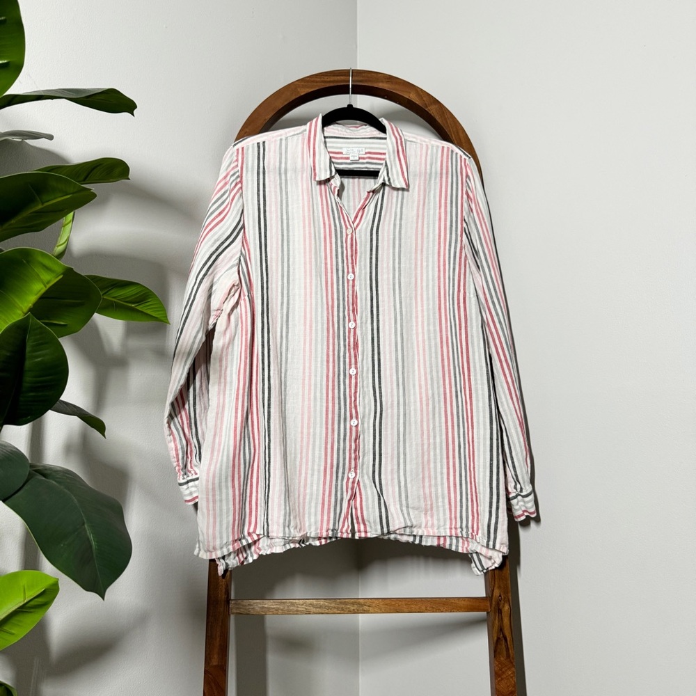 J. Jill XL Love Linen Essential Button Down Shirt White Multicolored Stripes